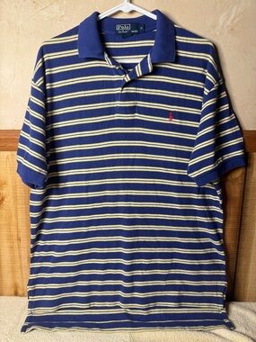 Polo by Ralph Lauren Navy Yellow White Striped Polo with Red Logo